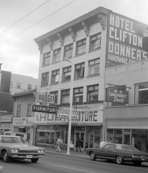 Historic photo of Hotel Modo's Granville Street building in downtown Vancouver, built in 1912